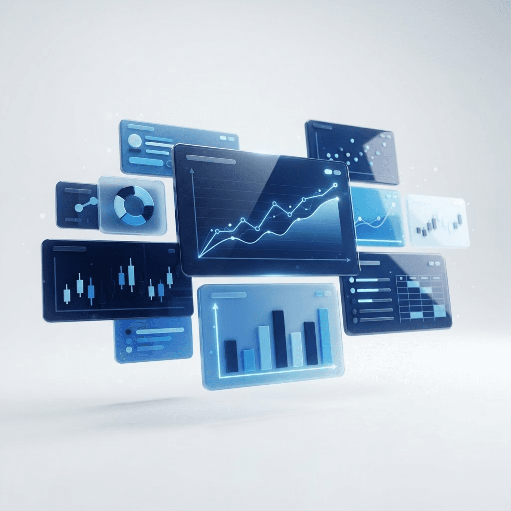 3D illustration of floating financial dashboard panels with charts