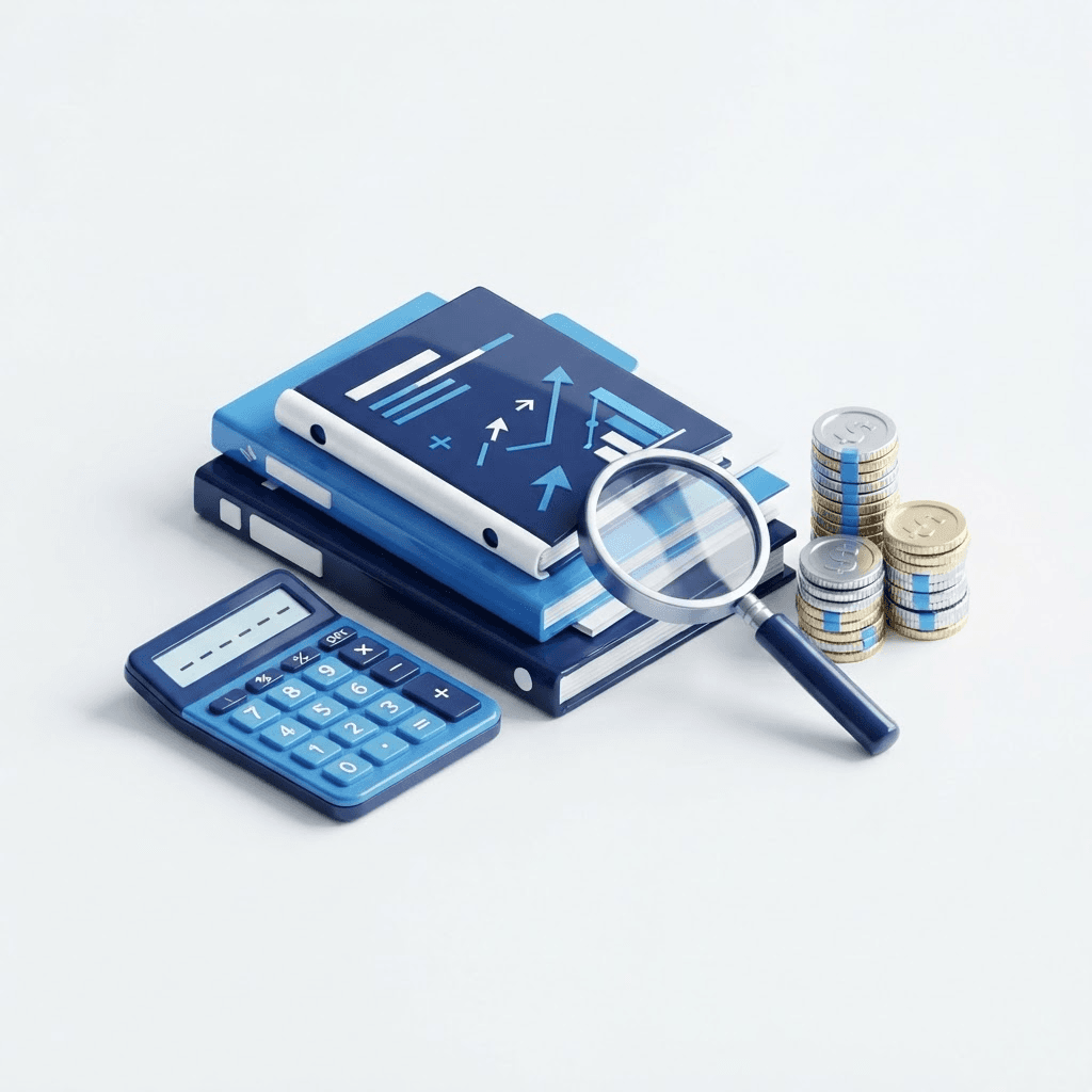 3D illustration of documents, calculator and coin stacks