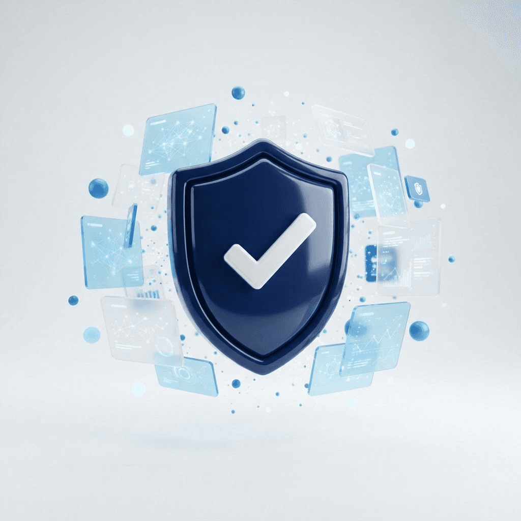 3D illustration of a navy shield with a checkmark and data cards
